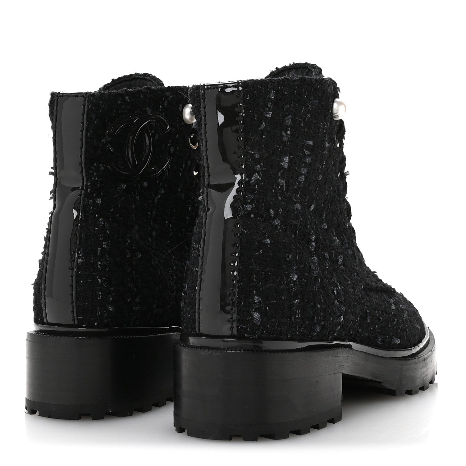 Tweed Patent Calfskin Pearl Combat Short Boots 37  Black Grey Blue