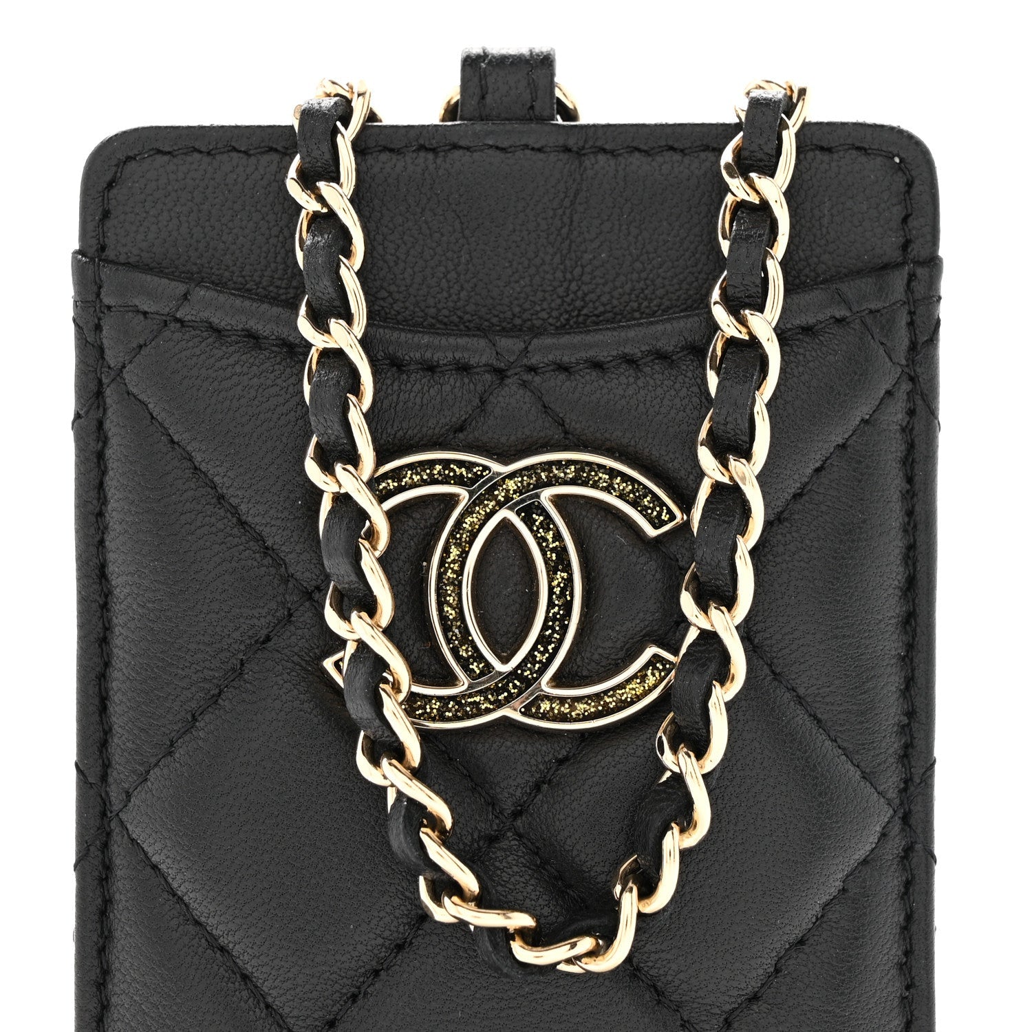 Lambskin Quilted Glitter Card Holder On Chain Black