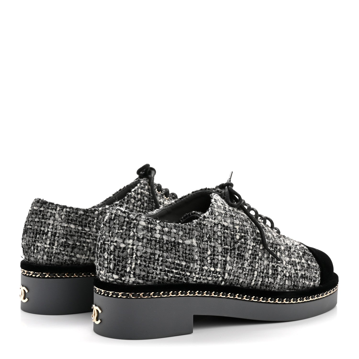 Tweed Suede CC Lace Up Oxfords 38.5 Grey Black