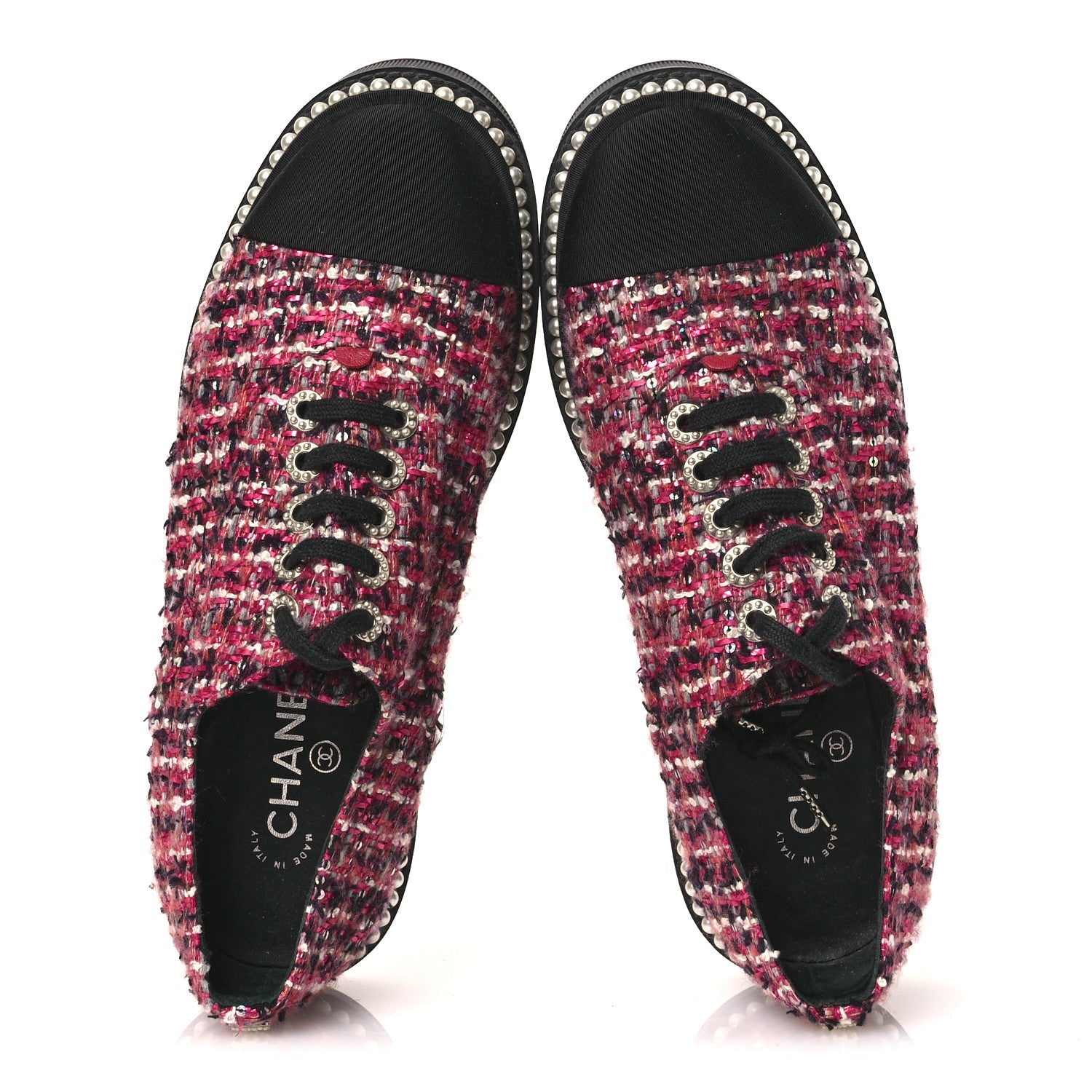 Tweed Grosgrain Sequin Pearl Lace Up Sneakers 40 Black Pink