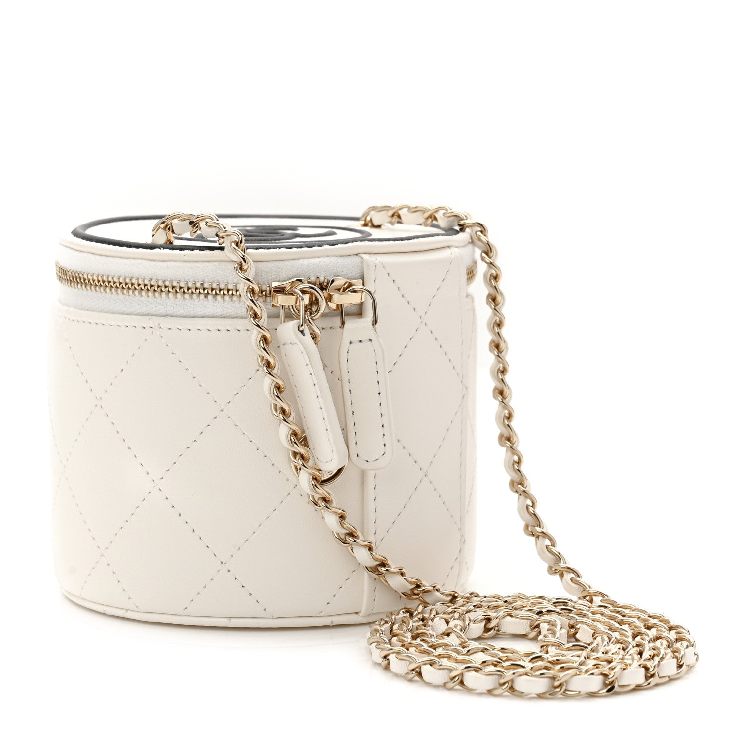 Lambskin Quilted Round Small Vanity Case With Chain White Black