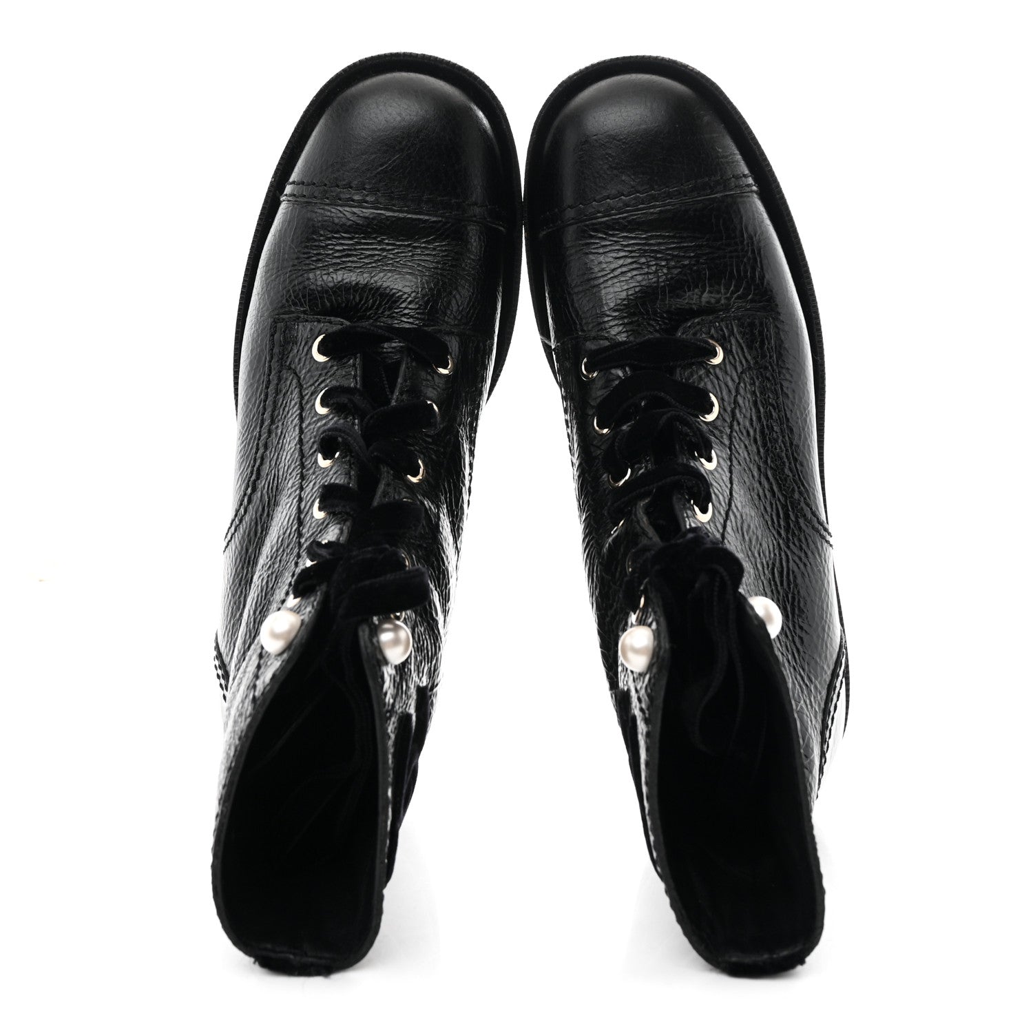 Shiny Calfskin Velvet Pearl Combat Short Boots 39 Black