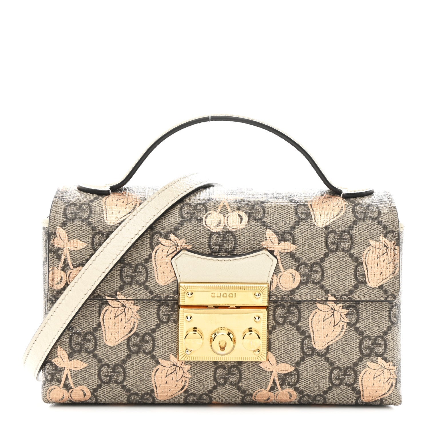 GG Supreme Monogram Berry Textured Dollar Calfskin Mini Padlock Top Handle Shoulder Bag Beige Ebony Light Copper Mystic White