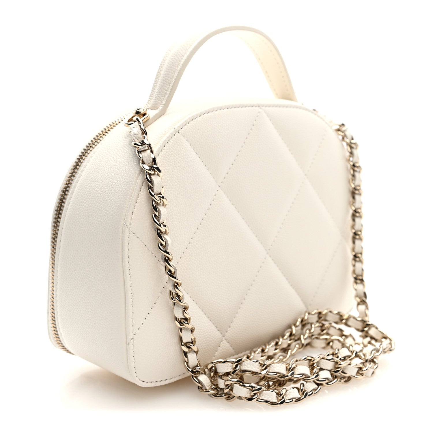 Grained Calfskin Quilted Top Handle Chain Clutch White