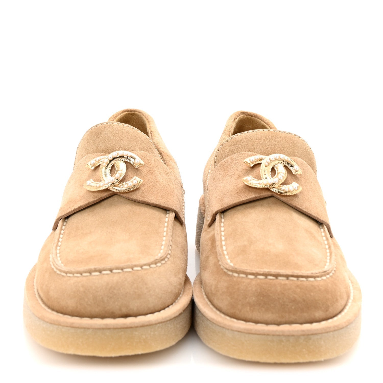 Suede Calfskin Pearl CC Moccasin Loafers 36.5 Dark Beige