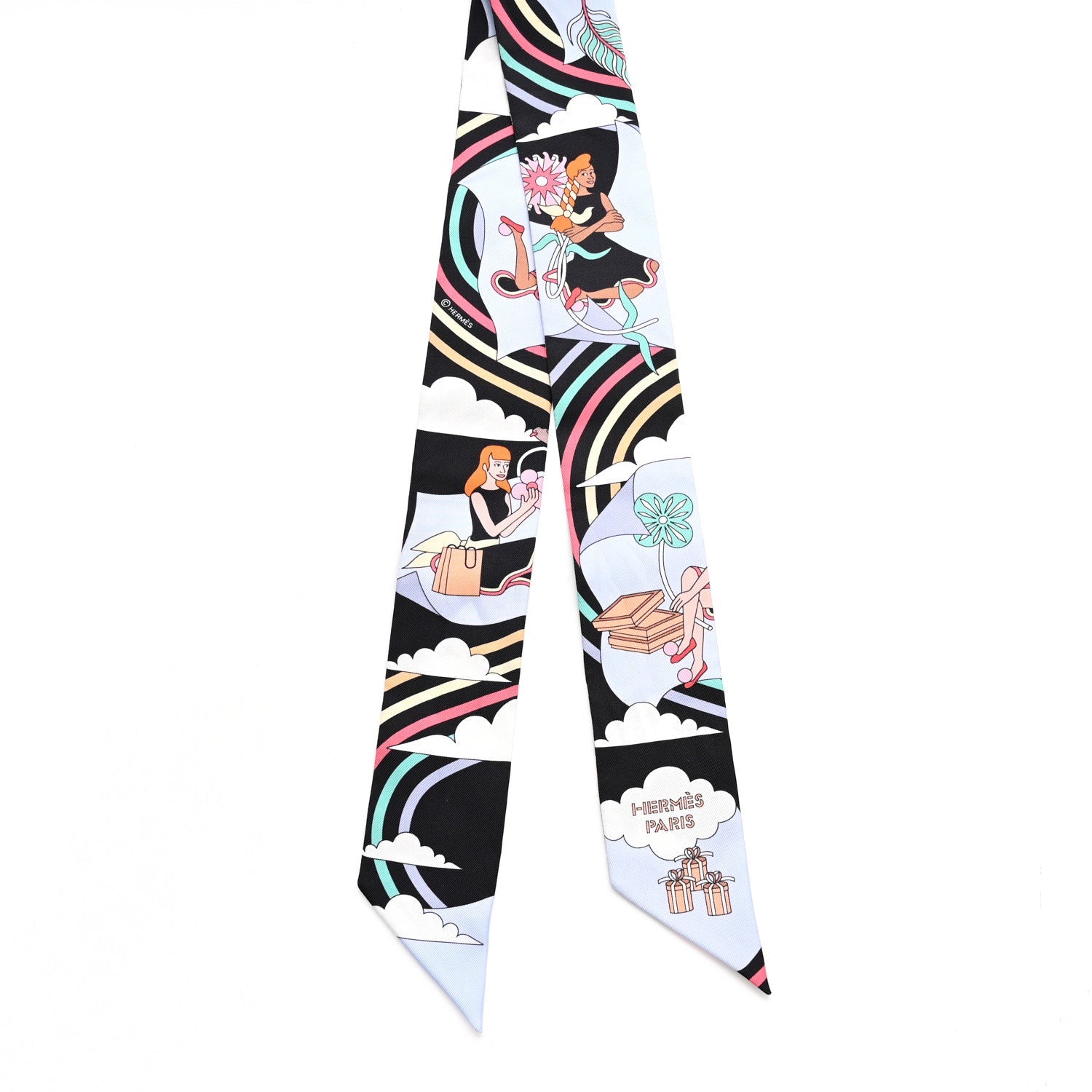 Silk Carres Volants Twilly Black Ciel Multicolor
