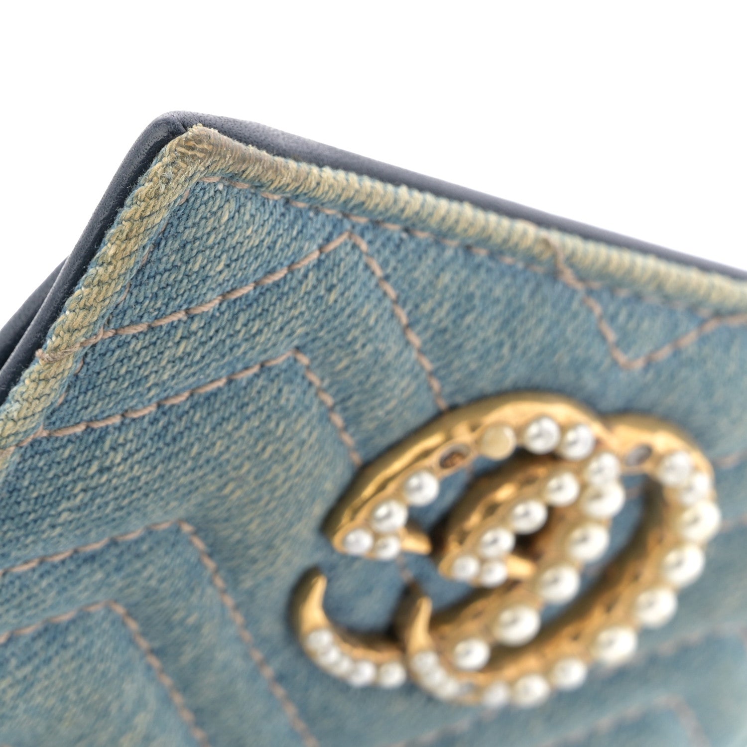 Denim Matelasse Pearly GG Marmont Card Case Wallet Blue