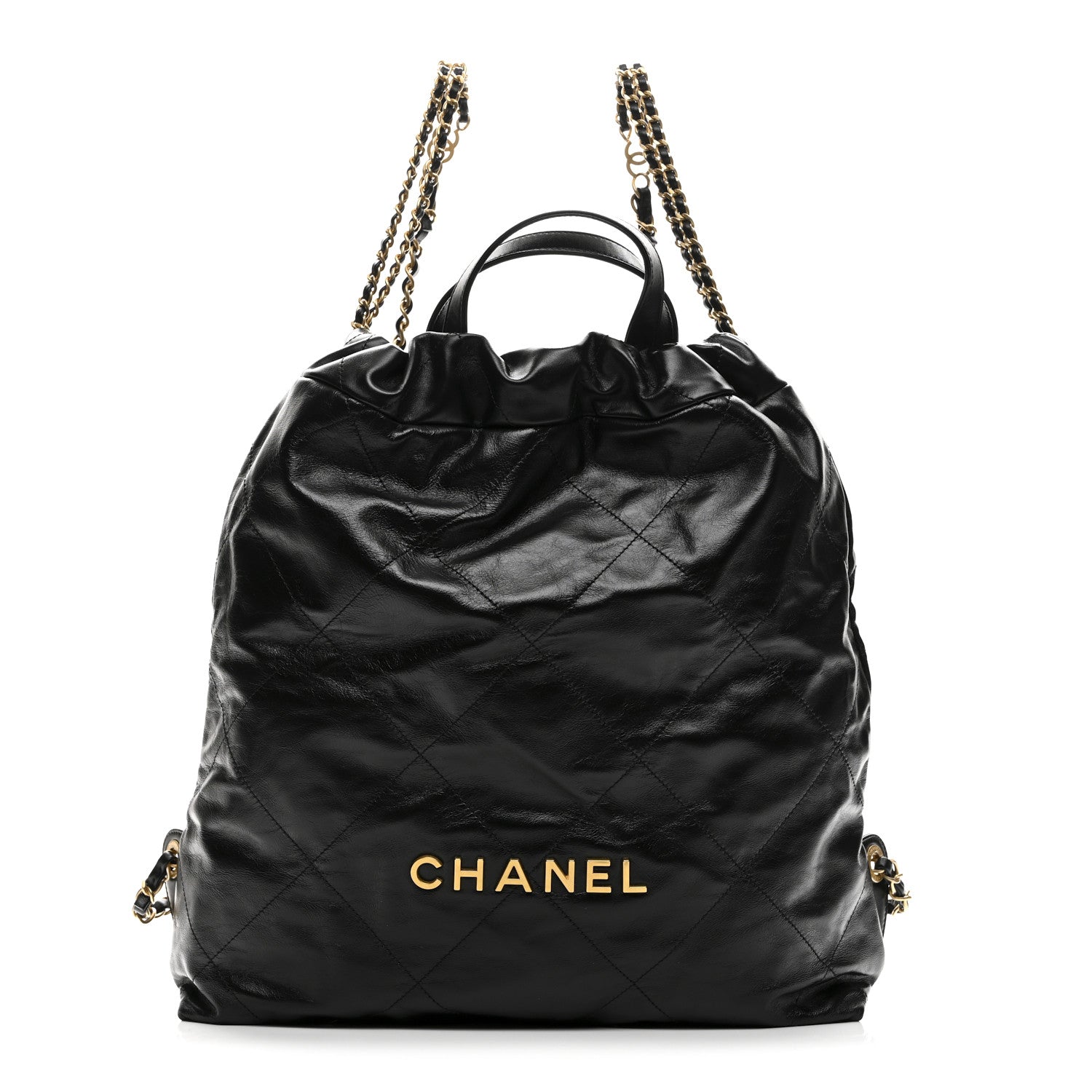 Shiny Calfskin Quilted Chanel 22 Backpack Black