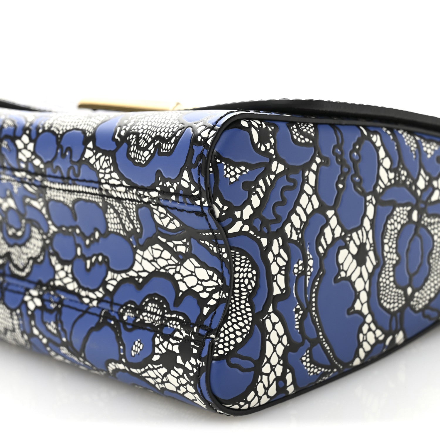Calfskin Lace Flower Inlay Twist Shoulder Bag MM Navy Black