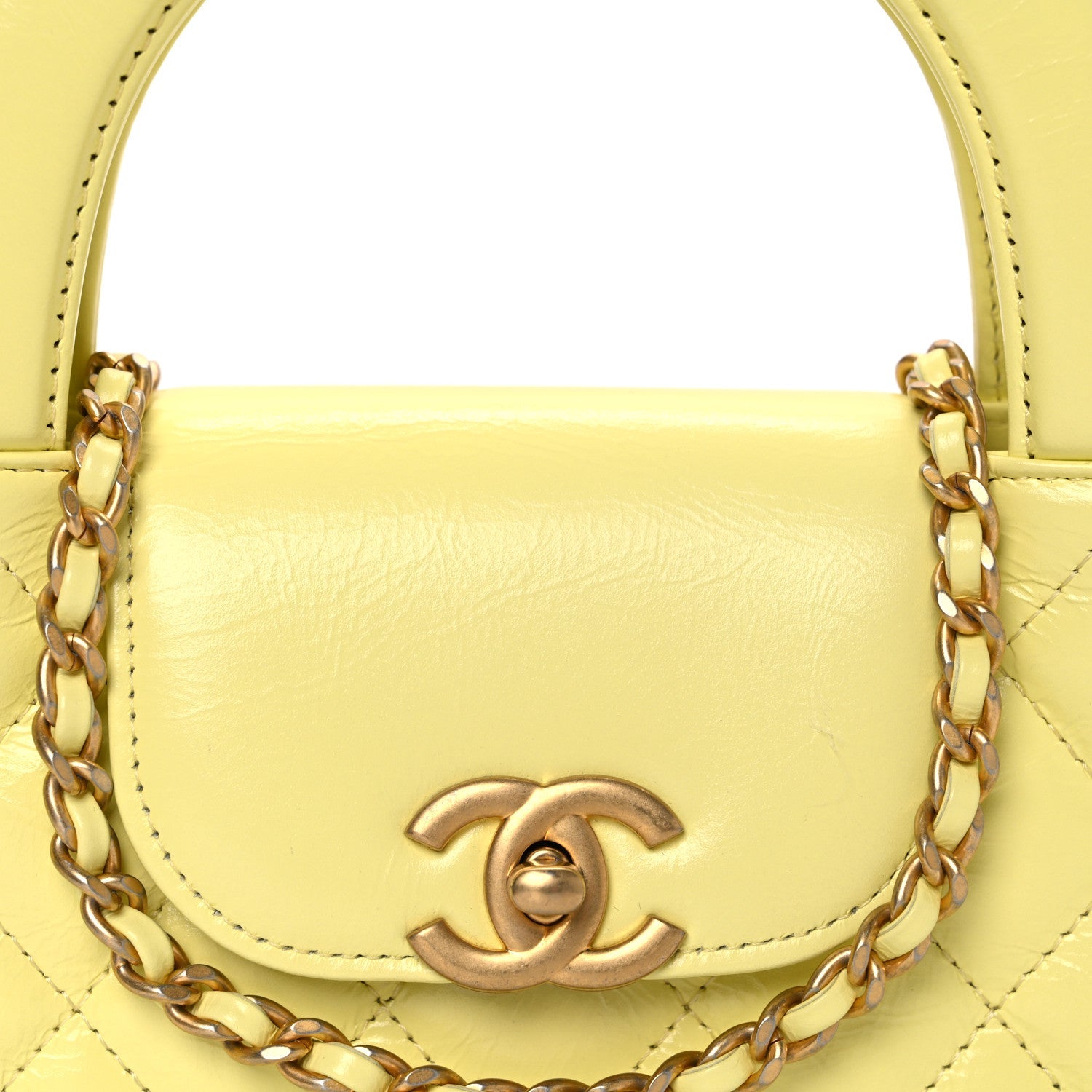 Shiny Aged Calfskin Quilted Nano Kelly Shopper Light Yellow