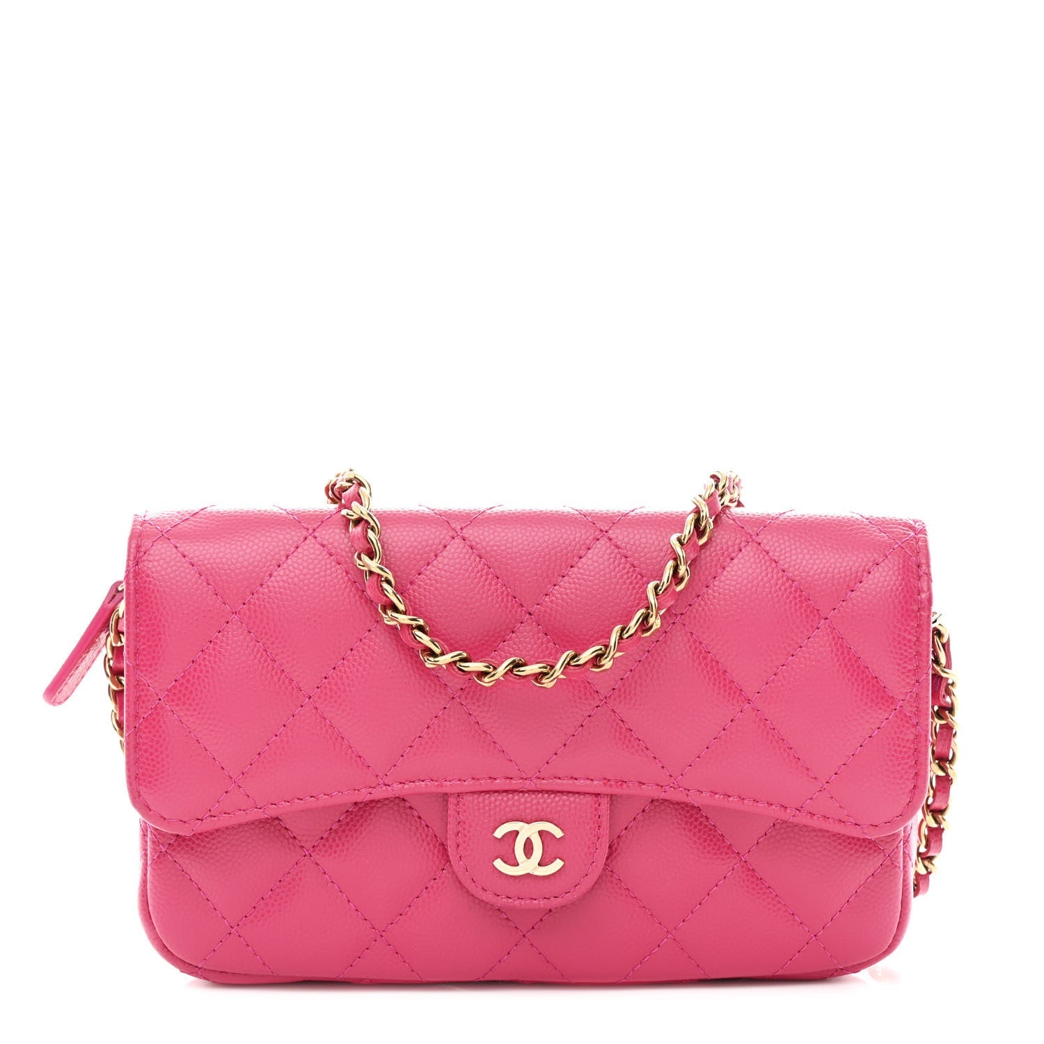 Caviar Quilted Flap Phone Holder With Chain Pink