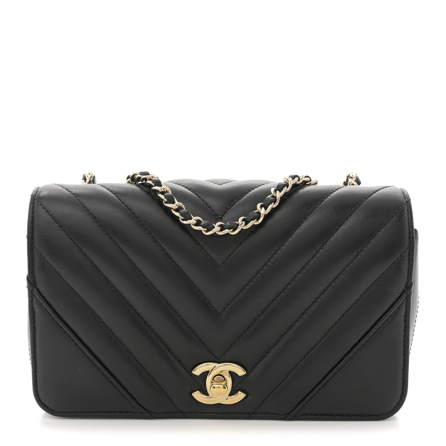Calfskin Chevron Quilted Mini Statement Flap Black