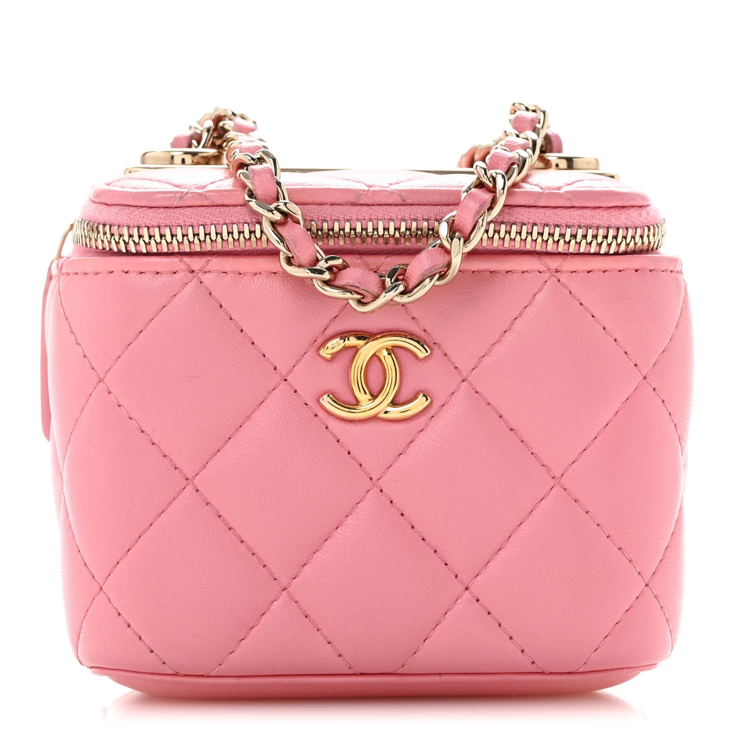 Lambskin Quilted Trendy Mini Vanity Case With Chain Pale Pink