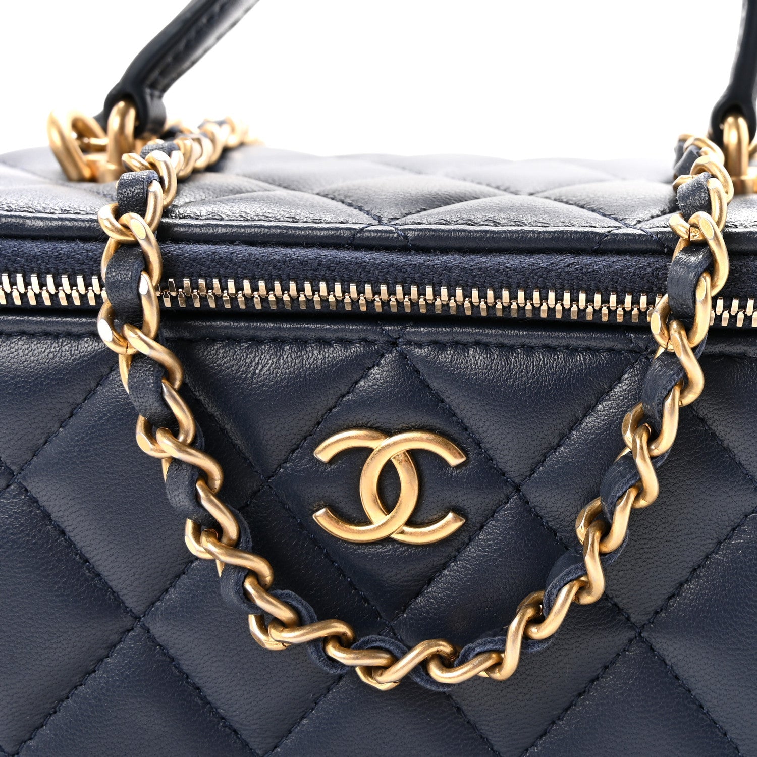 Lambskin Quilted Metal Small Top Handle Vanity Case With Chain Blue