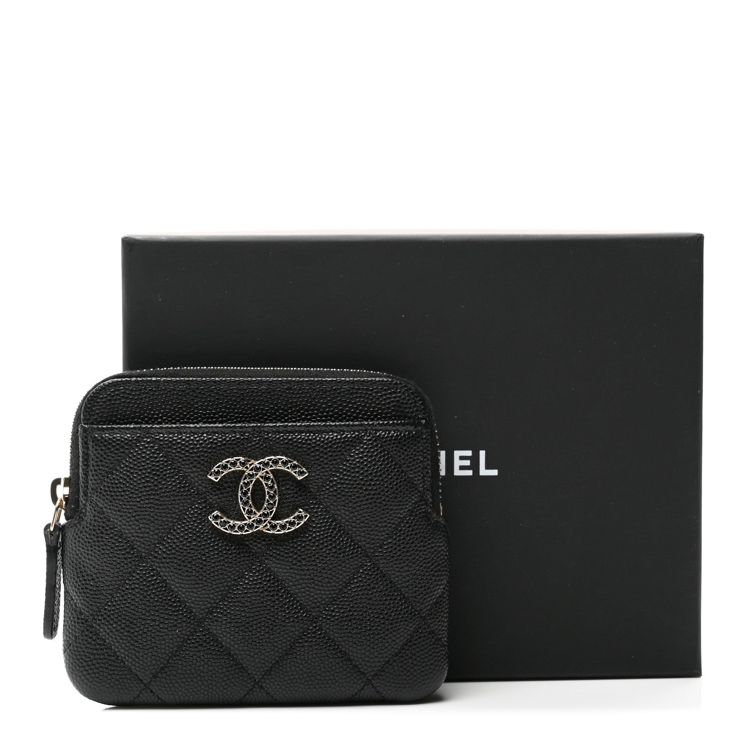 Caviar Quilted Crystal Zip Card Holder Wallet Black