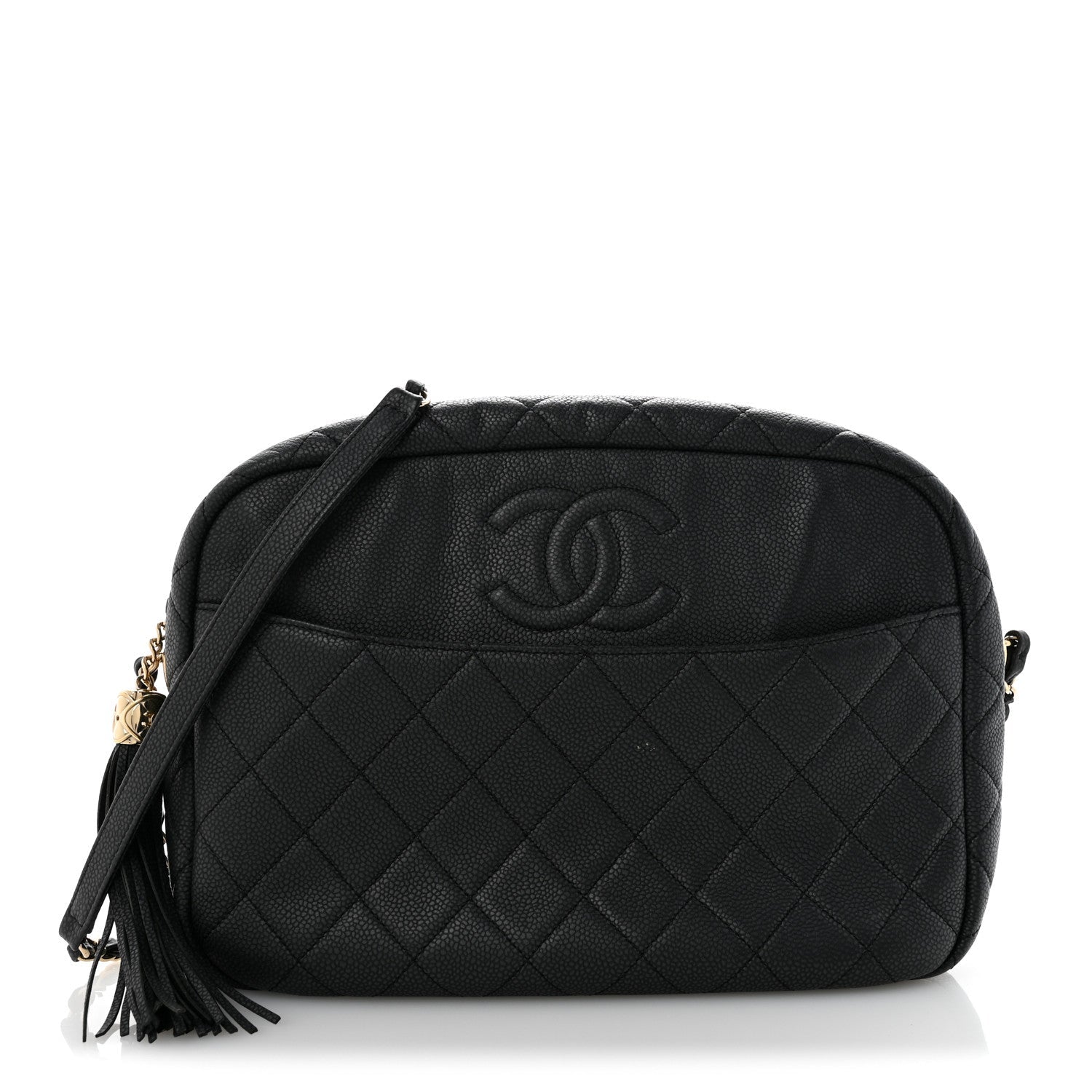 Caviar Quilted Large Coco Tassel Camera Case Black
