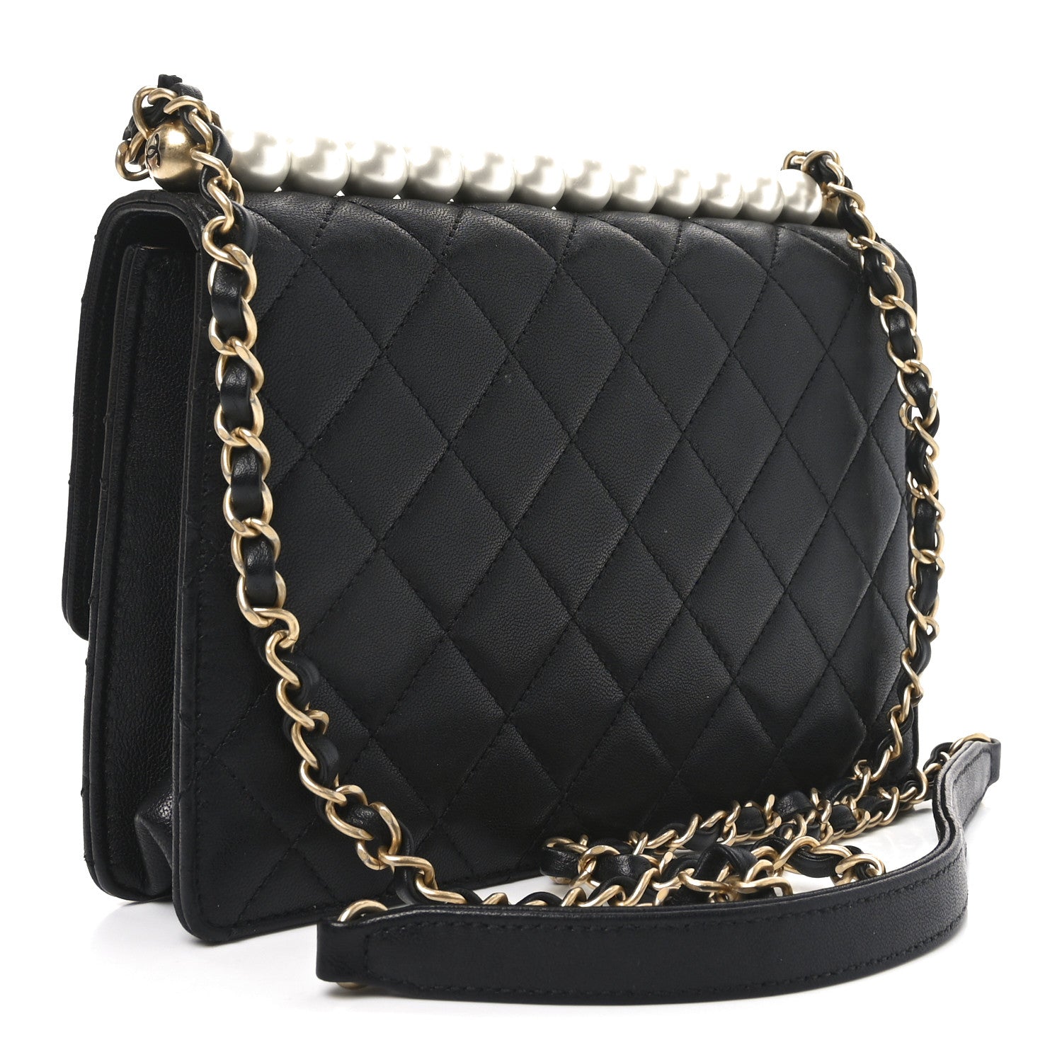 Goatskin Quilted Small Chic Pearls Flap Black