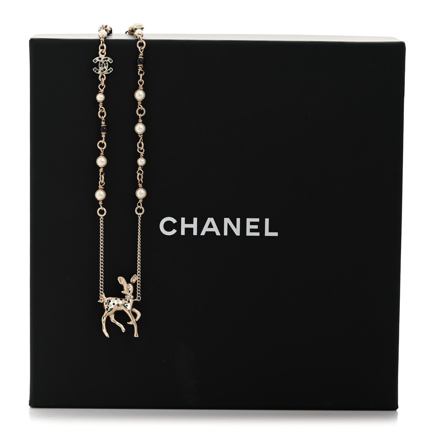 Pearl Crystal CC Deer Long Necklace Gold Green