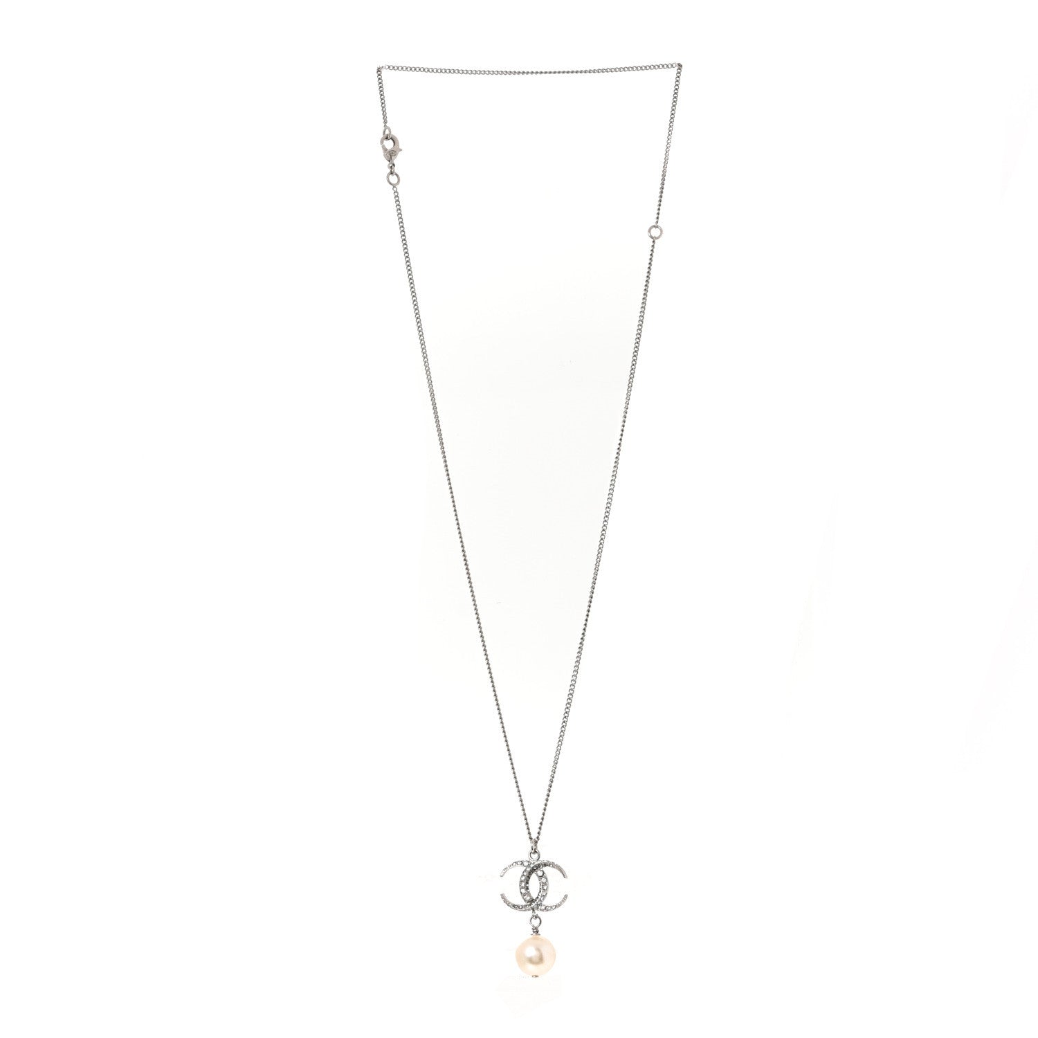 Crystal CC Pearl Drop Necklace Silver