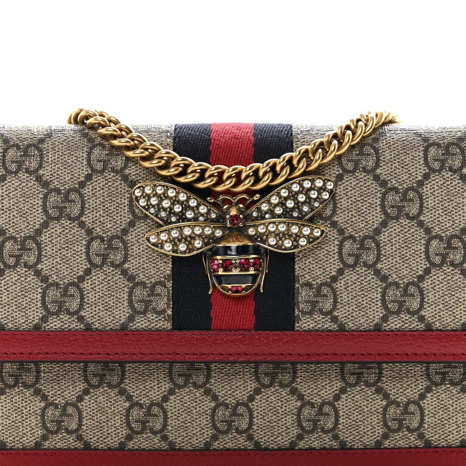 GG Supreme Monogram Web Queen Margaret Chain Wallet Red