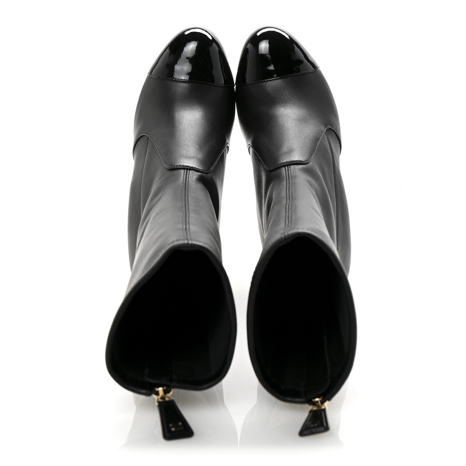 Stretch Lambskin Patent Cap Toe Pearl Ball Mid Calf Boots 35 Black