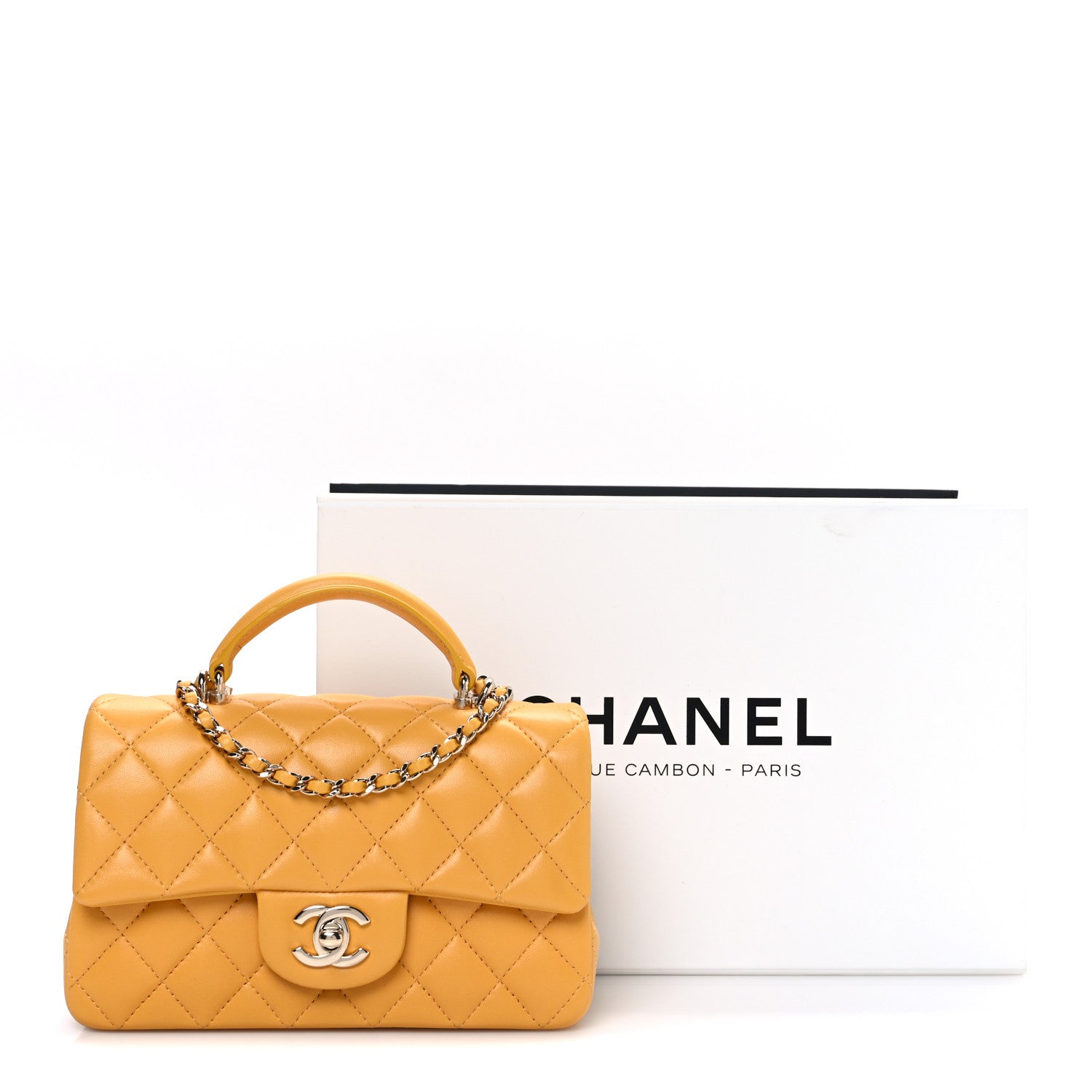 Lambskin Quilted Mini Top Handle Rectangular Flap Yellow