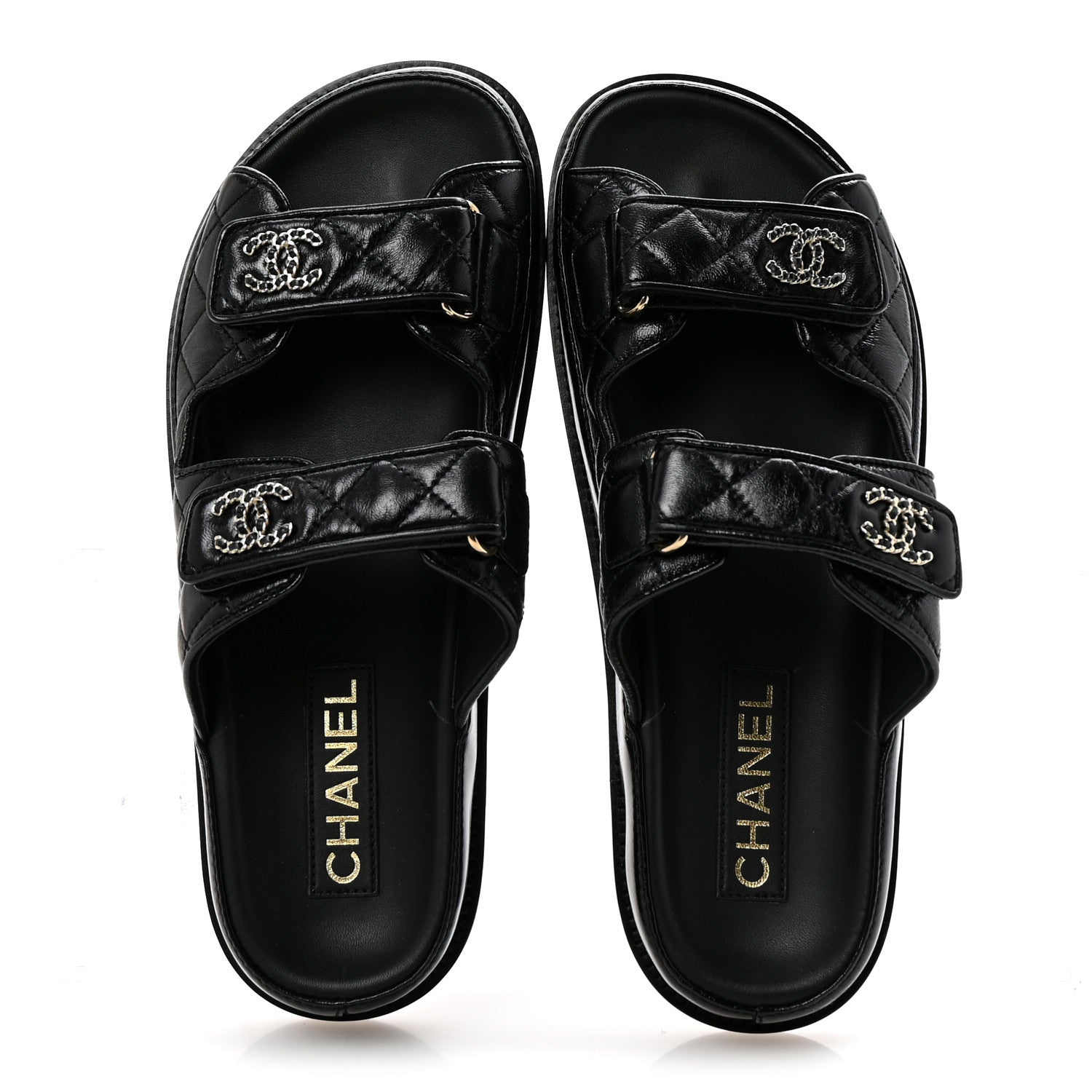 Lambskin Quilted Velcro Dad Chain CC Slide Sandals 38.5 Black