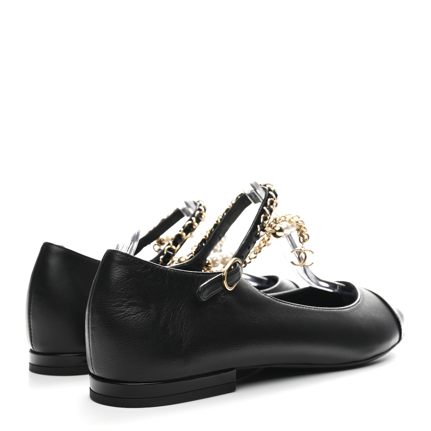 Shiny Lambskin Pearl Cap Toe Ankle Chain Ballerina Flats 37 Black