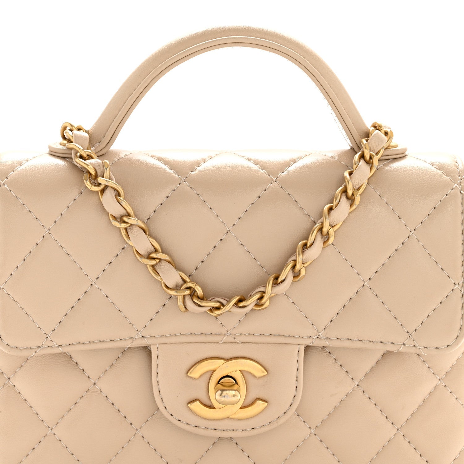 Lambskin Quilted Small Flap Top Handle Bag Beige