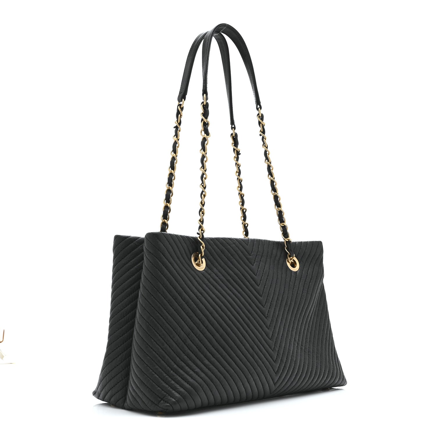 Wrinkled Lambskin Chevron Quilted Surpique Tote Black