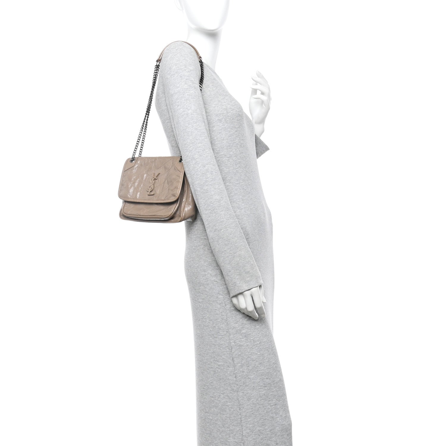 Crinkled Calfskin Matelasse Monogram Baby Niki Chain Satchel Light Taupe