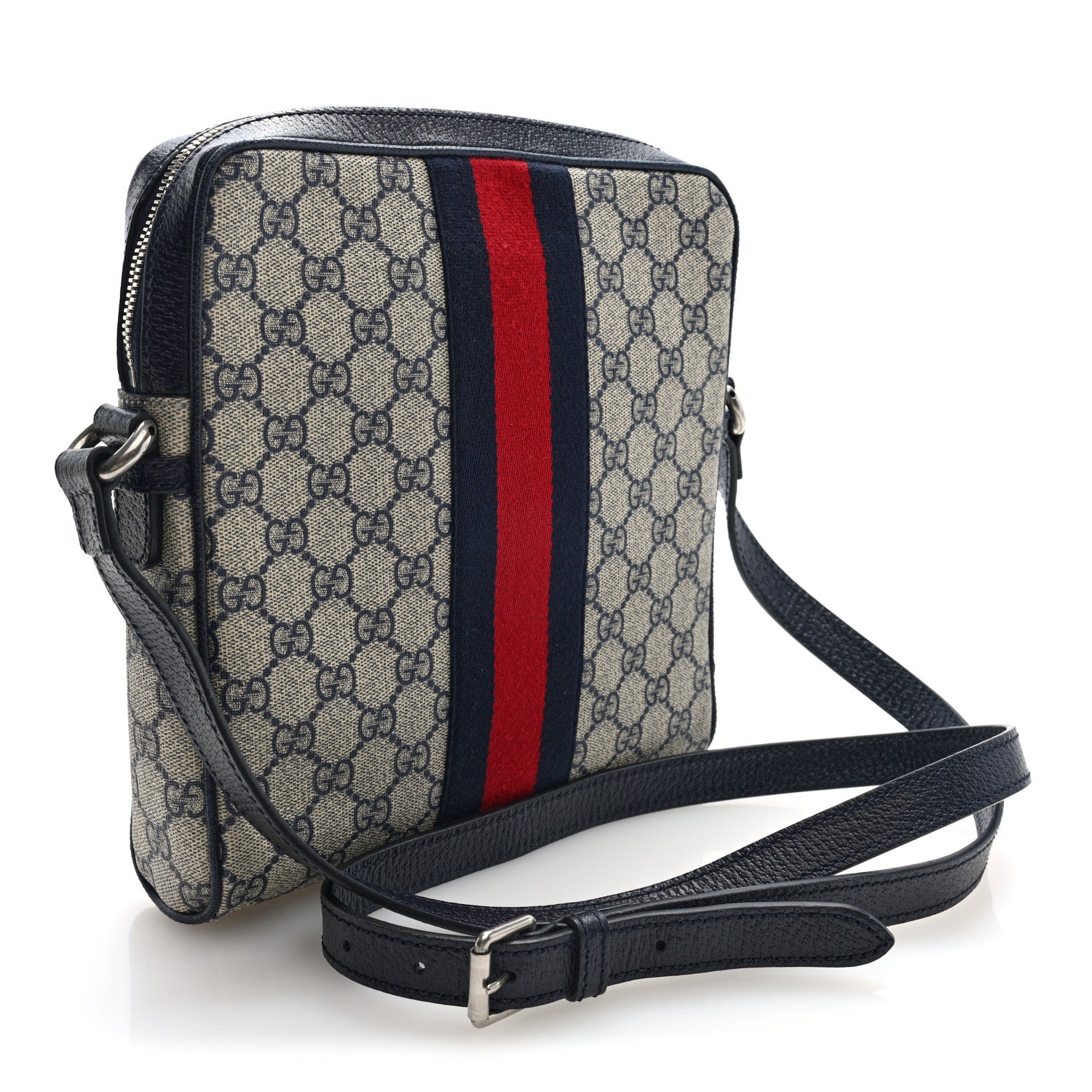 GG Supreme Monogram Textured Dollar Calfskin Web Small Ophidia Messenger Bag Beige Blue