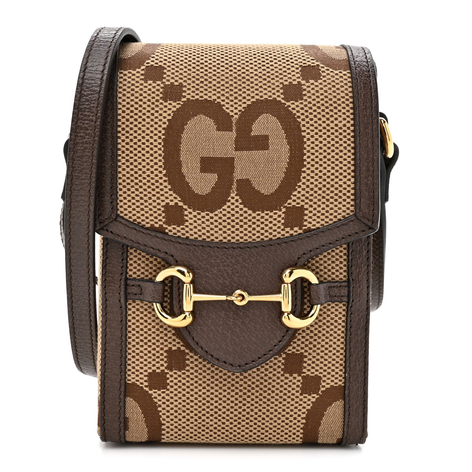 Monogram Jumbo GG Textured Dollar Calfskin Mini Horsebit 1955 Crossbody Bag Camel Ebony New Acero