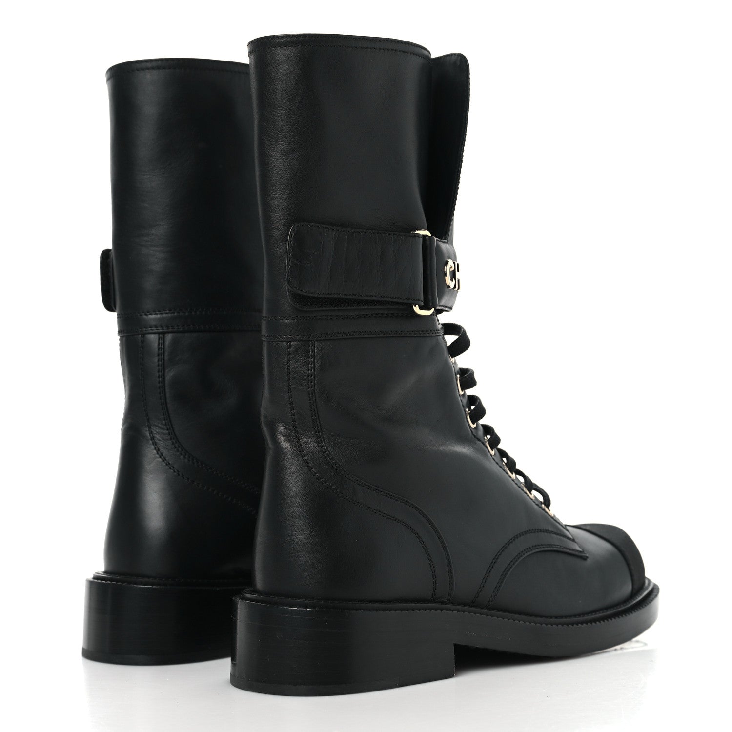 Shiny Calfskin Grosgrain Lace Up Combat Boots 36.5 Black