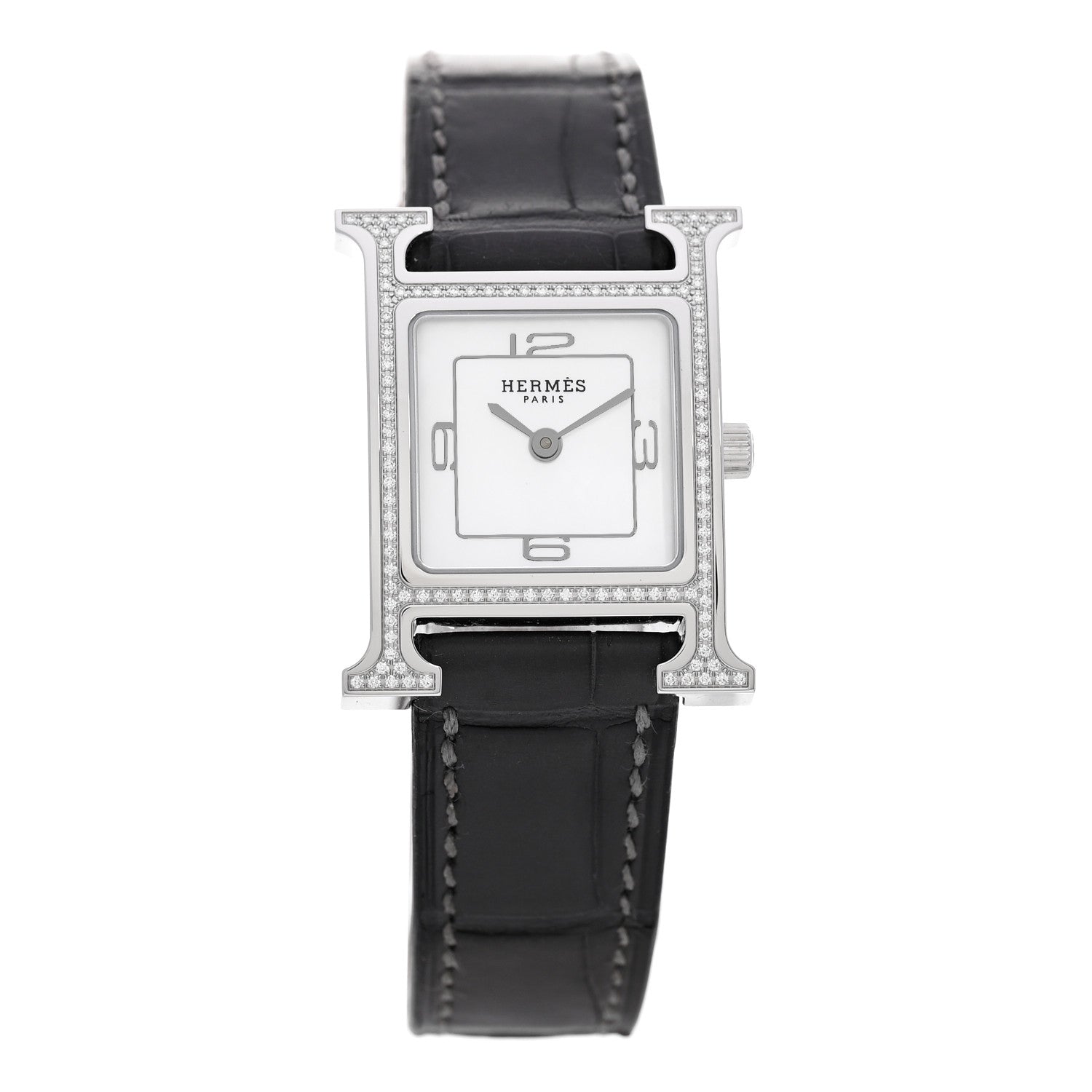 Stainless Steel Alligator Diamond Bezel Mother of Pearl 21mm Heure H Hour Quartz Watch Graphite