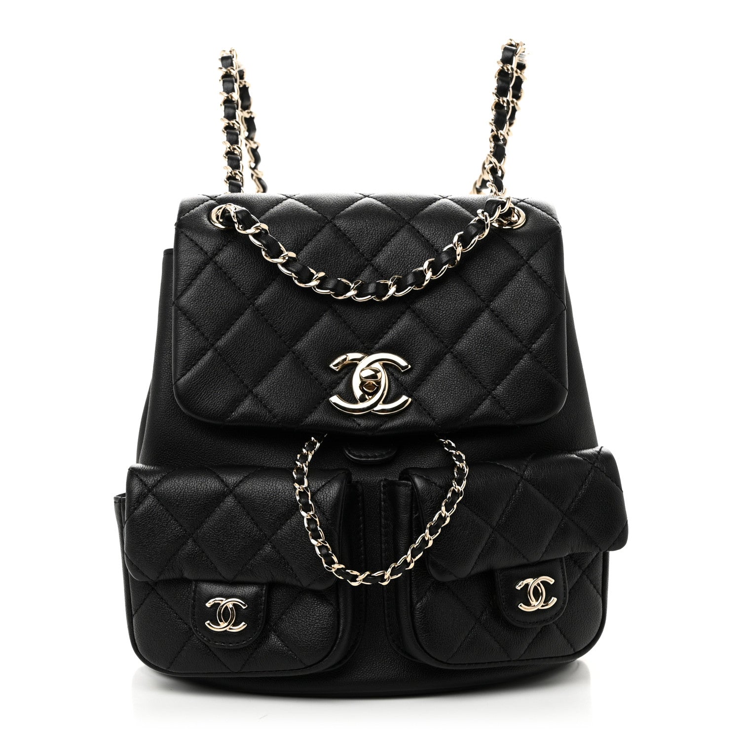 Calfskin Quilted Medium Duma Pockets Drawstring Backpack Black