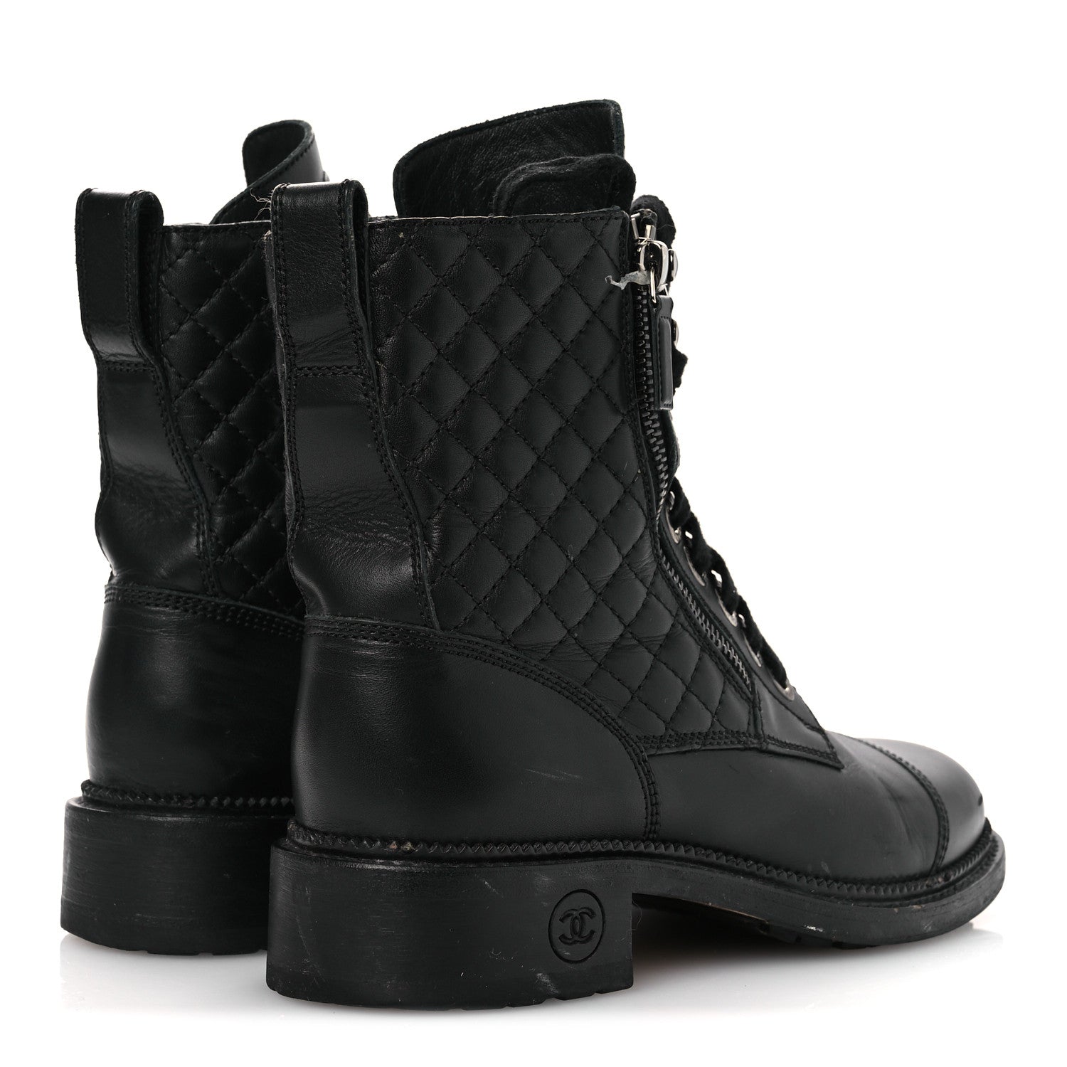 Calfskin Quilted Lace Up Combat Boots 37.5 Black