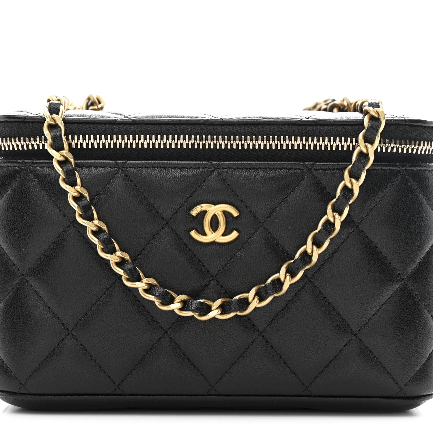 Lambskin Quilted Pearl Crush Small Vanity Case With Chain Black