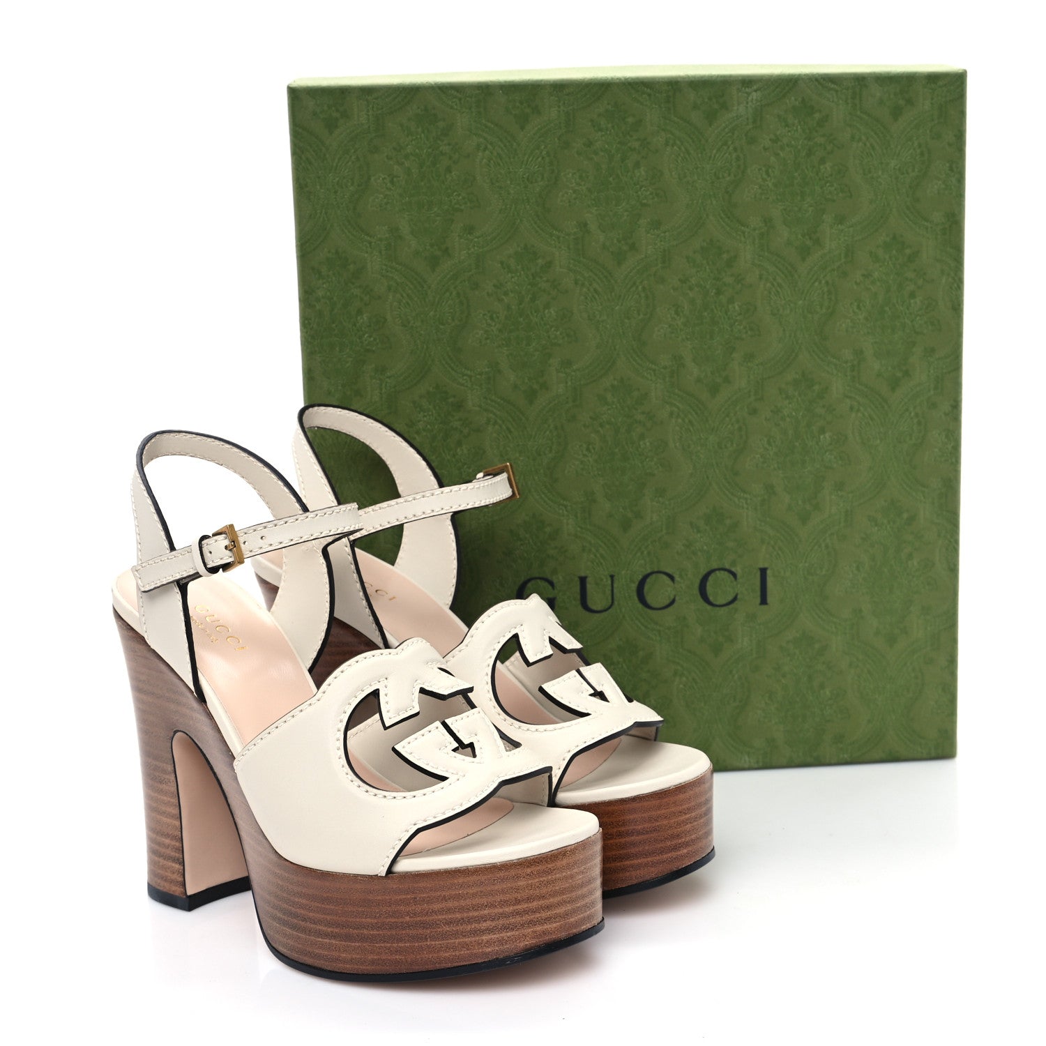 Cosmos Softy Calfskin Wooden Interlocking G Cut-Out 30/120mm Platform Sandals 35 Mystic White