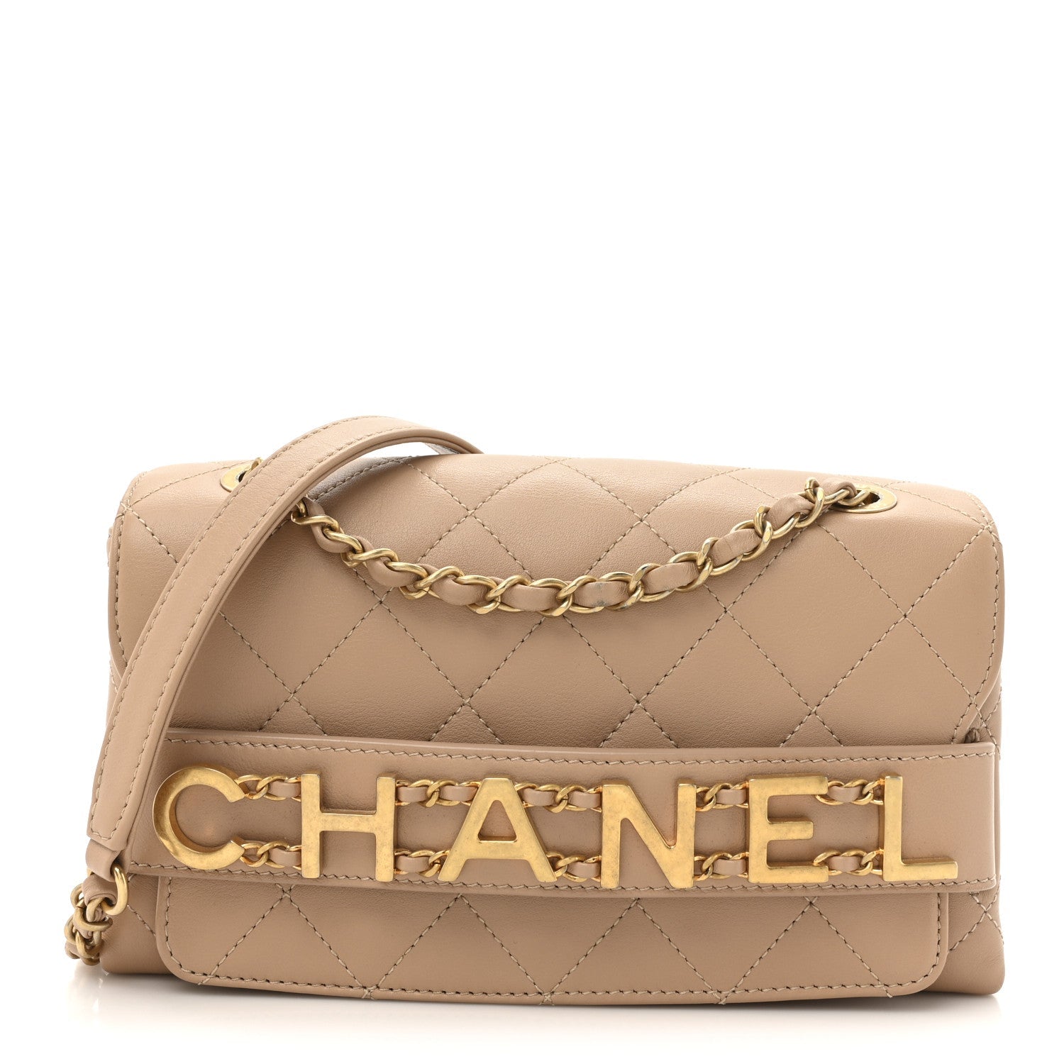 Calfskin Quilted Small Enchained Flap Beige