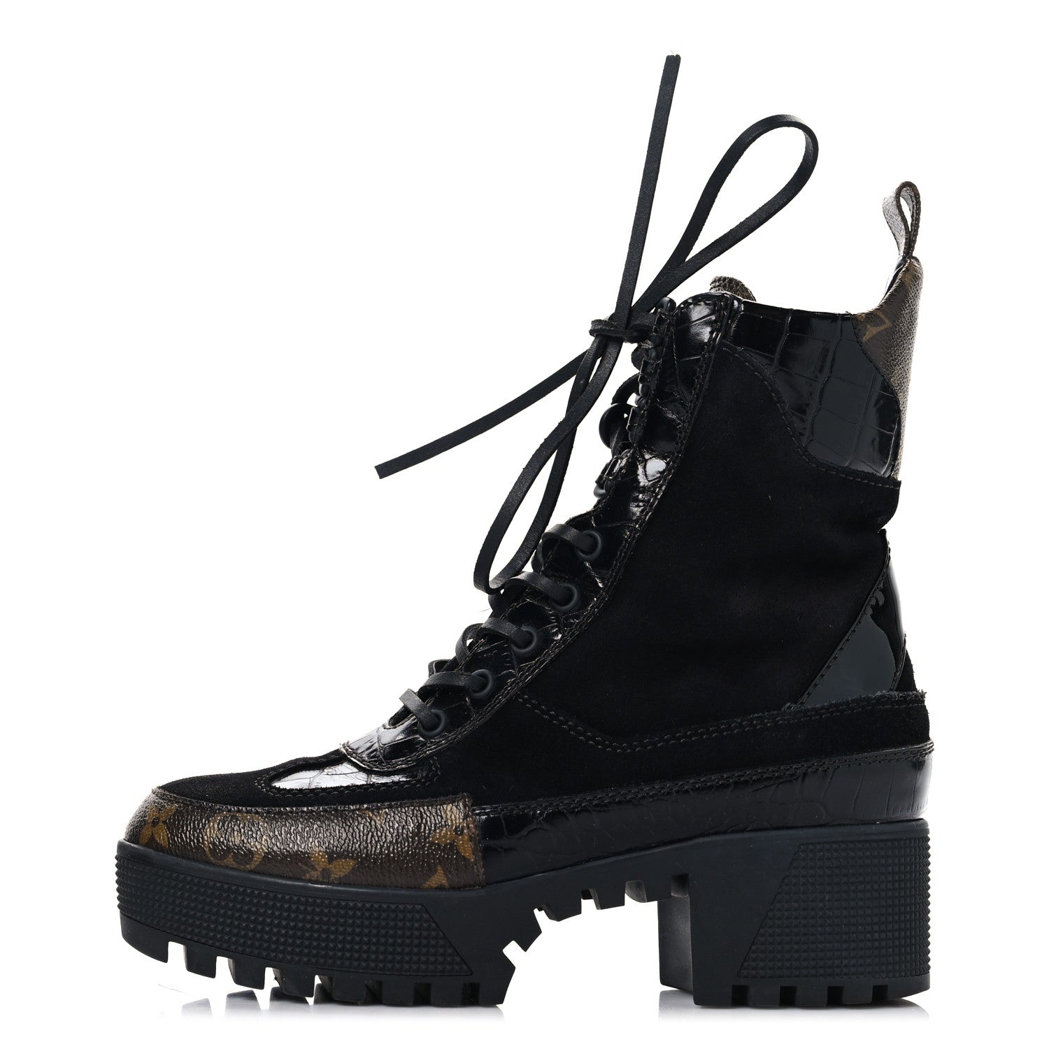 Suede Crocodile Embossed Calfskin Monogram Laureate Platform Desert Boots 36 Black