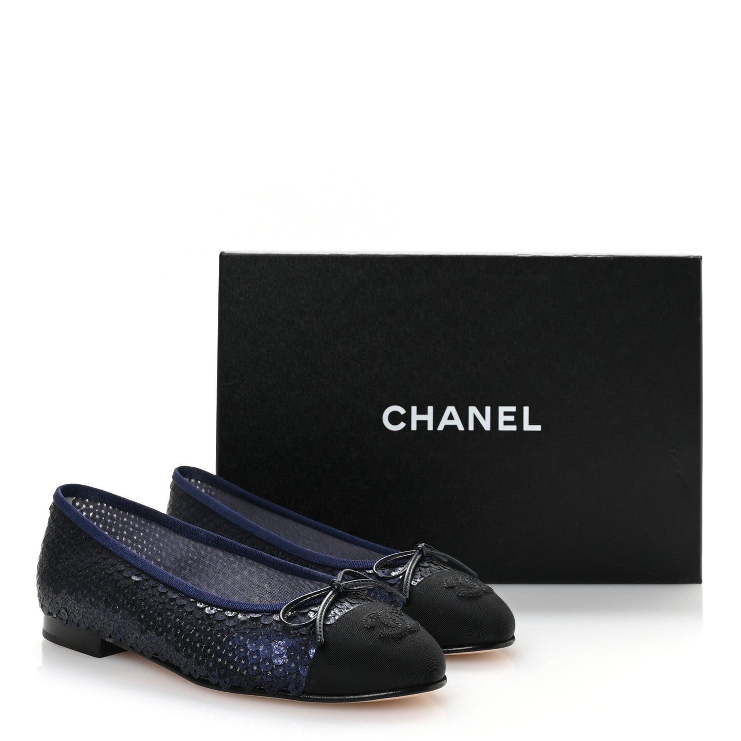 Glittered Muslin Grosgrain Cap Toe Ballerina Flats 37 Navy Blue Black