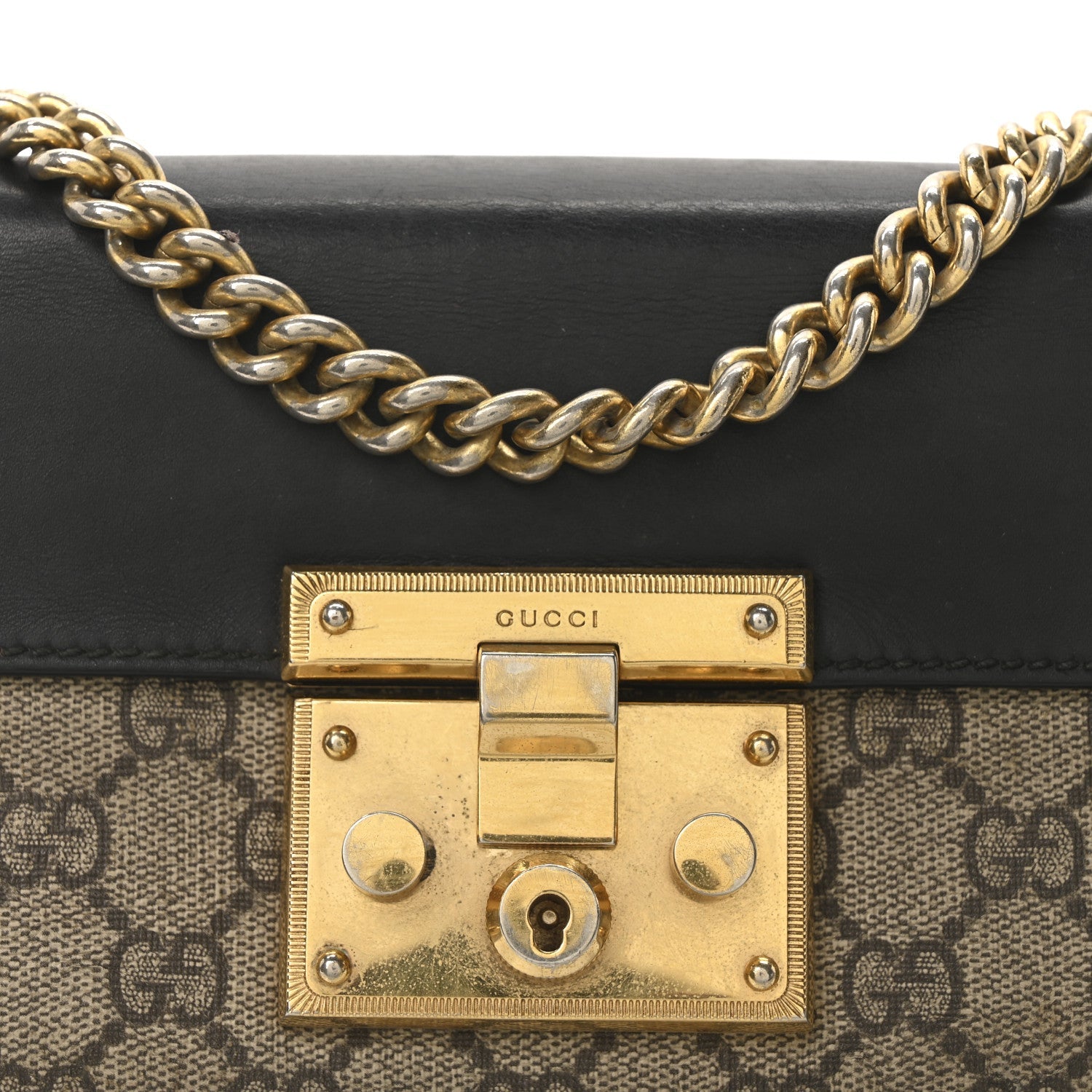 GG Supreme Monogram Calfskin Small Padlock Shoulder Bag Beige Black Cuir