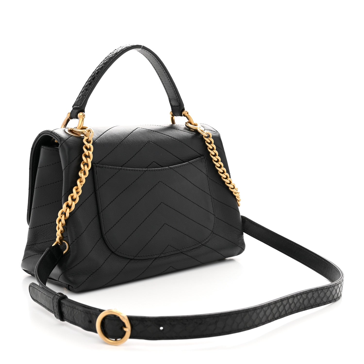 Grained Calfskin Snakeskin Small Chevron Chic Top Handle Flap Black