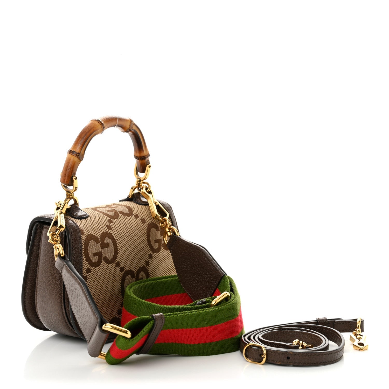 Monogram Jumbo GG Textured Dollar Calfskin Web Mini Bamboo 1947 Top Handle Bag Camel Ebony New Acero