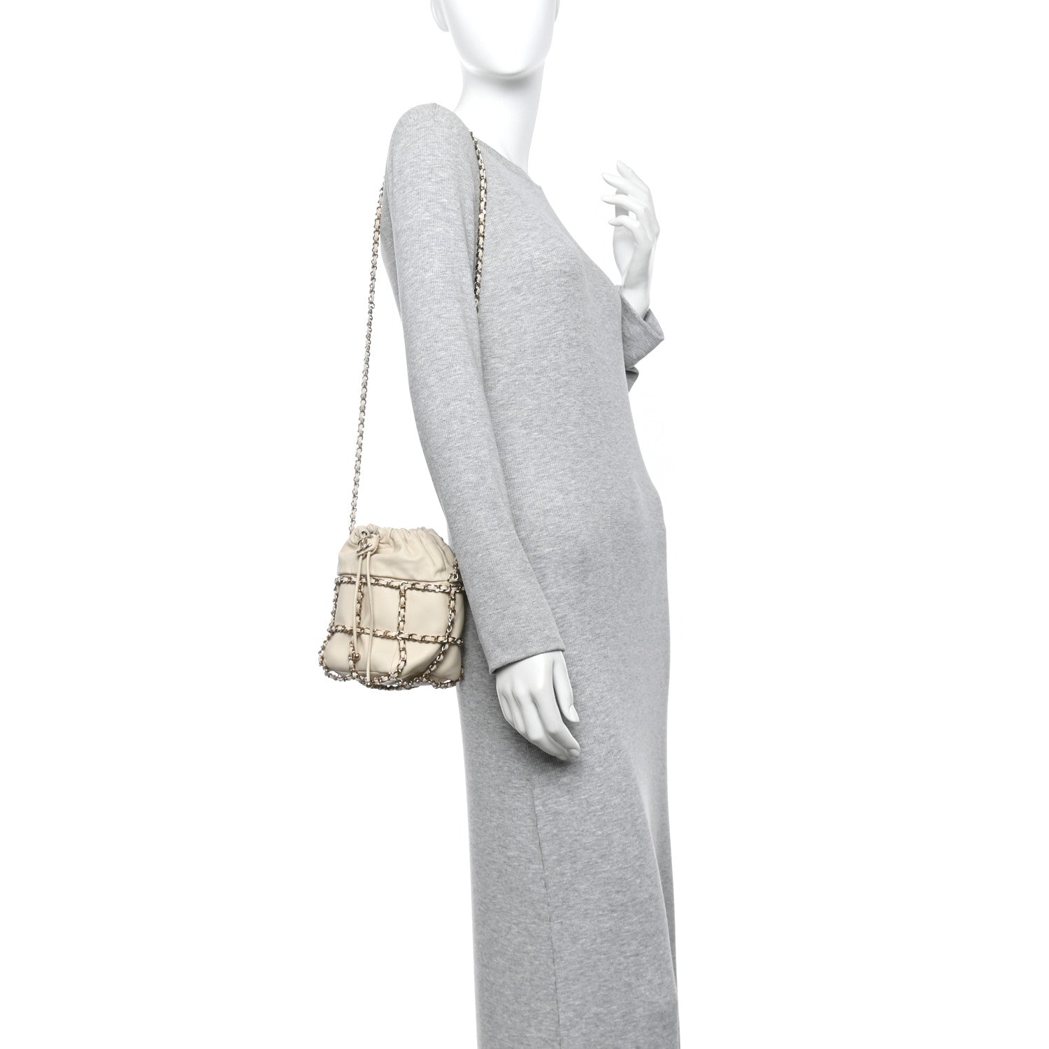 Lambskin Bucket Chain Drawstring Bag Beige