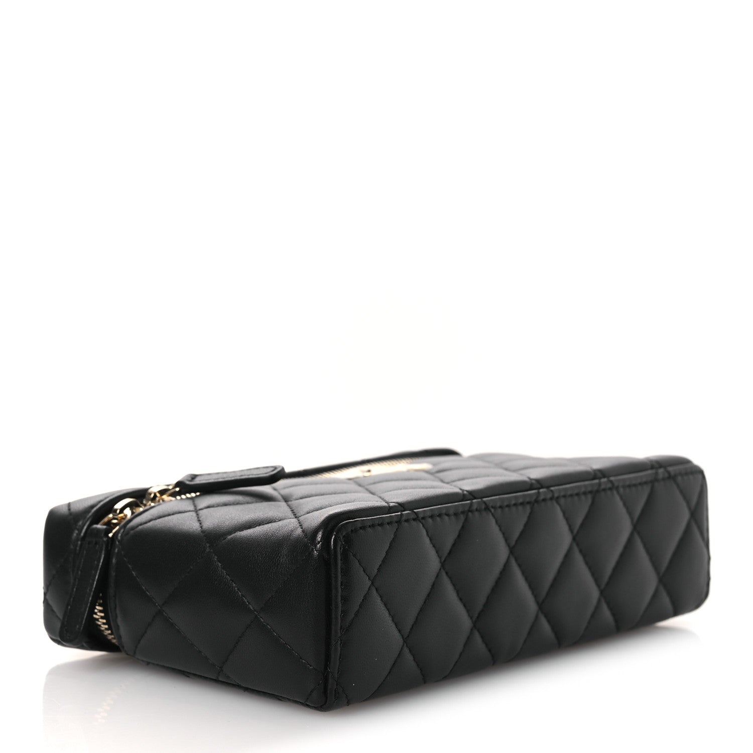Lambskin Quilted Crystal CC Top Handle Slim Vanity Case With Chain Black