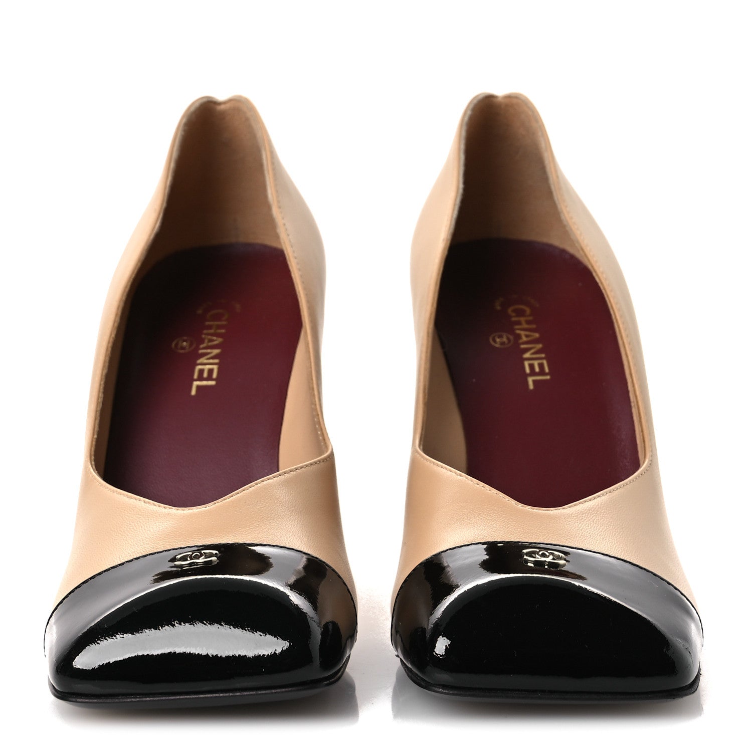 Lambskin Patent Calfskin Cap Toe Pumps 37 Beige Black