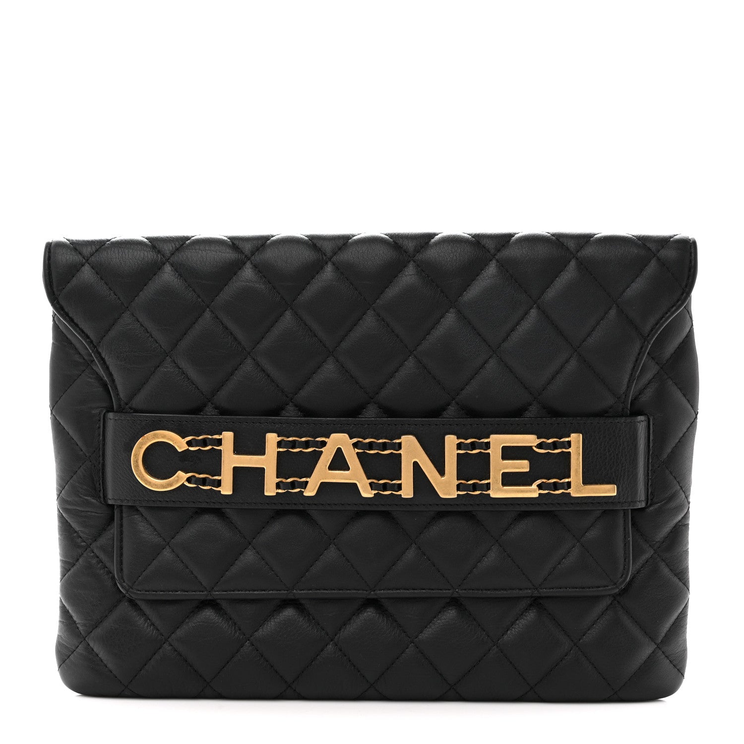 Calfskin Quilted Front Logo Enchained Clutch Black