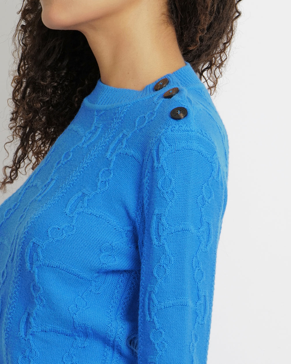 Hermès Blue Wool Knitted Jumper with Brown Logo Buttons Size FR 36 (UK 8)